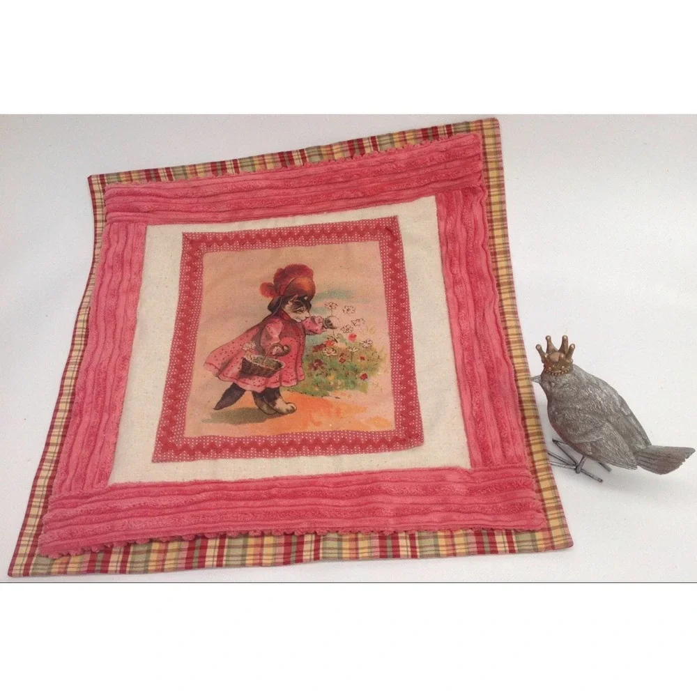 Home Decor Pillow Vintage Miss Kitty Novelty Print Handmade Double Flange NWT